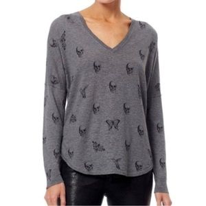 Skull Cashmere Gray V-Neck Butterfly Bird Knit lightweight tee
